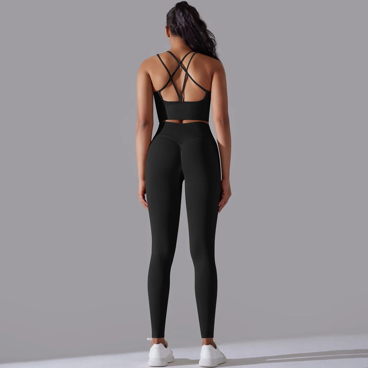Gebürstetes Yoga-Set für Damen, 2-teilig, Workout, Sportbekleidung, überkreuzter Rücken, Sport-BH, hohe Taille, Leggings, Fitnessstudio, Kleidung, Sportanzüge – Detail 18