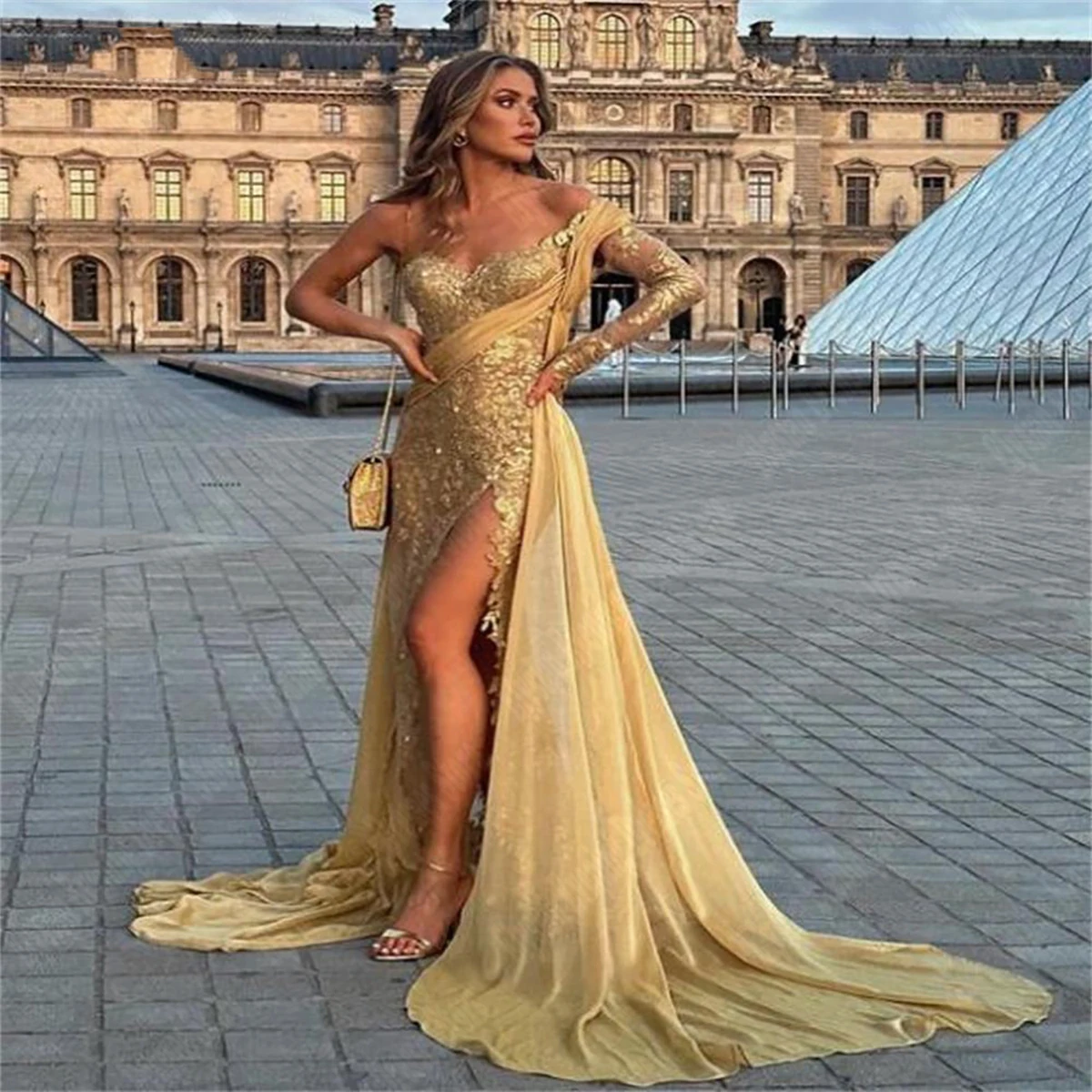 Robe de Soirée Dorée Sexy, Longueur au Sol, Superposée, Transparente, Bal de Bergame, Peu importe le Nouveau, Fente Latérale Haute, pour Femme