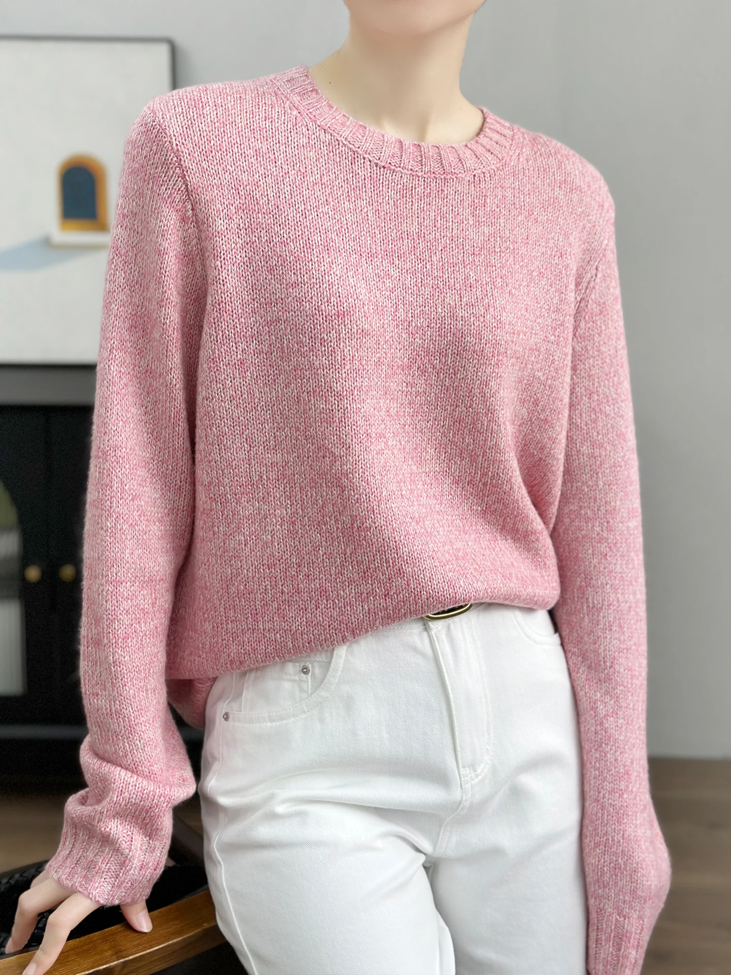 

Soft Wool Blend Knitted Sweater round Ne Loose Fit Casual Warm Women's Faion Spring Autumn Left Home Pure Color Knitwear