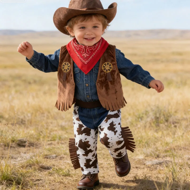 Kids Western Cowboy Outfits 4PCS Suits Baby Boys Costumes Vest+Scarf+Pants+Hats For Toddler Purim Party Birthday Event Costume