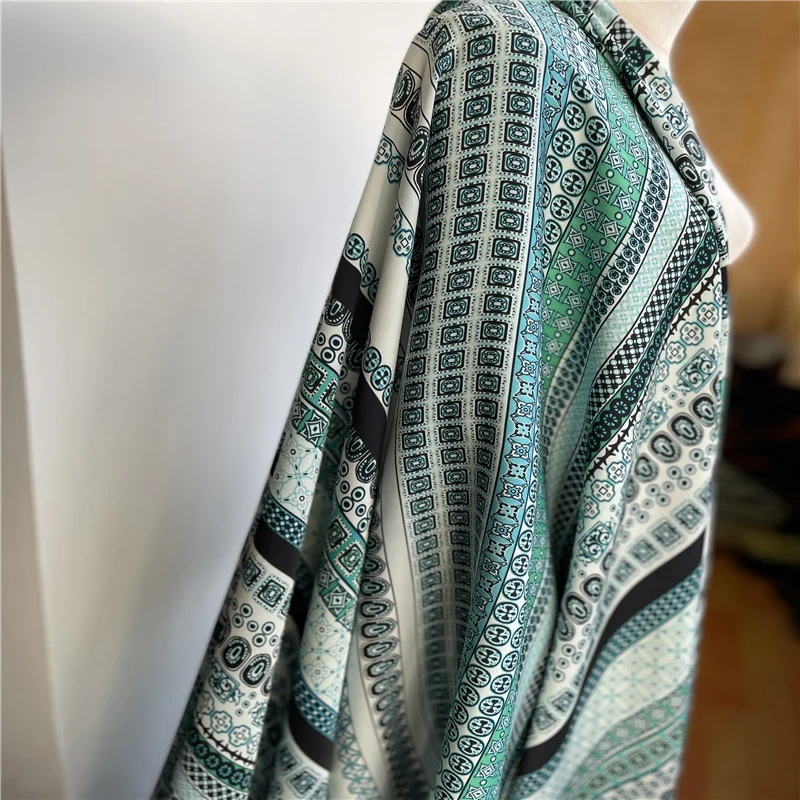 1 meter 95% Mulberry Silk 5% Spandex 24 momme Heavy Charmeuse Silk Fabric Green Stripes Printed 106cm 41\