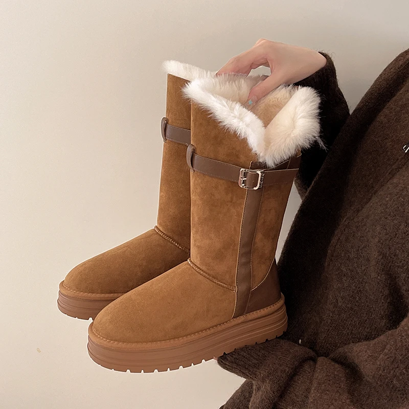 

Mid-barrel Cotton Boots 2025 Winter New Round Toe Suede Buckle Platform Non-slip Snow Boots