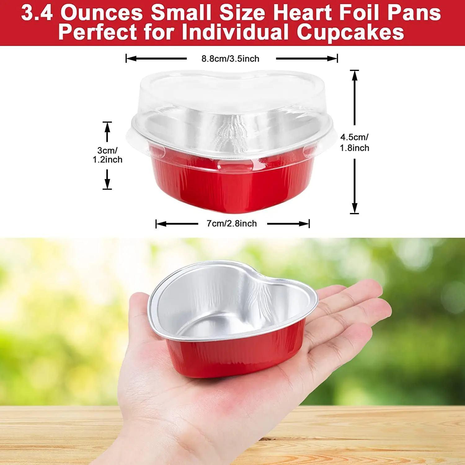 50Pcs Aluminum Foil Cake Pan Heart Shaped Cupcake Cup with Lids Baking Cups Ramekins Desserts Flans for Valentine Wedding Decor