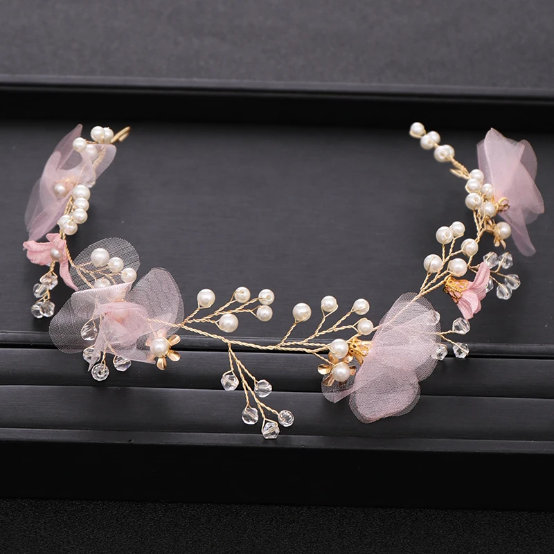 Pink Yarn Flower Wreath Girl Headband Hair Jewelry Pearl Women Tiaras Headpiece Women Wedding Hair Piece Accessories FORSEVEN