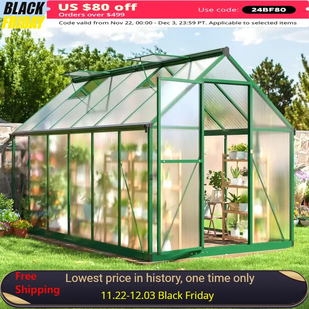 6x11 FT Greenhouse with Quick Setup Structure and Roof Vent, Polycarbonate Outdoors Greenhouses, Aluminum Walk-in Greenhouse