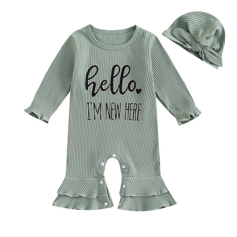 

Newborn Girl Outfit Letter Print Ruffle Trim Long Sleeve Ribbed Romper Knot Hat 2 Piece Set for Fall