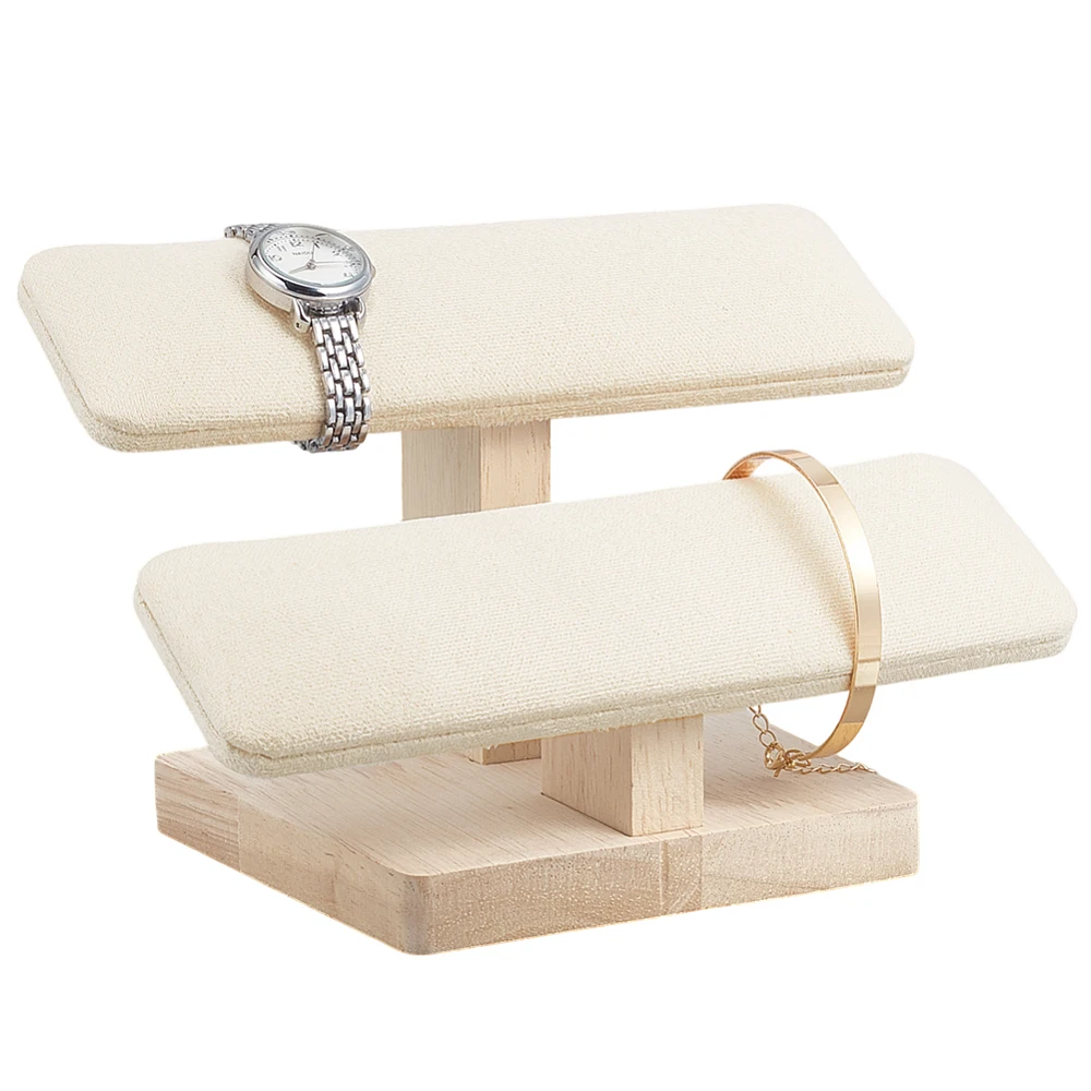 Wood Watch Display Stand 7.76x4.88x5.2inch 2 Tiers Velvet Bracelet Display Stands with Wooden Base Bracelet Organizer Holder