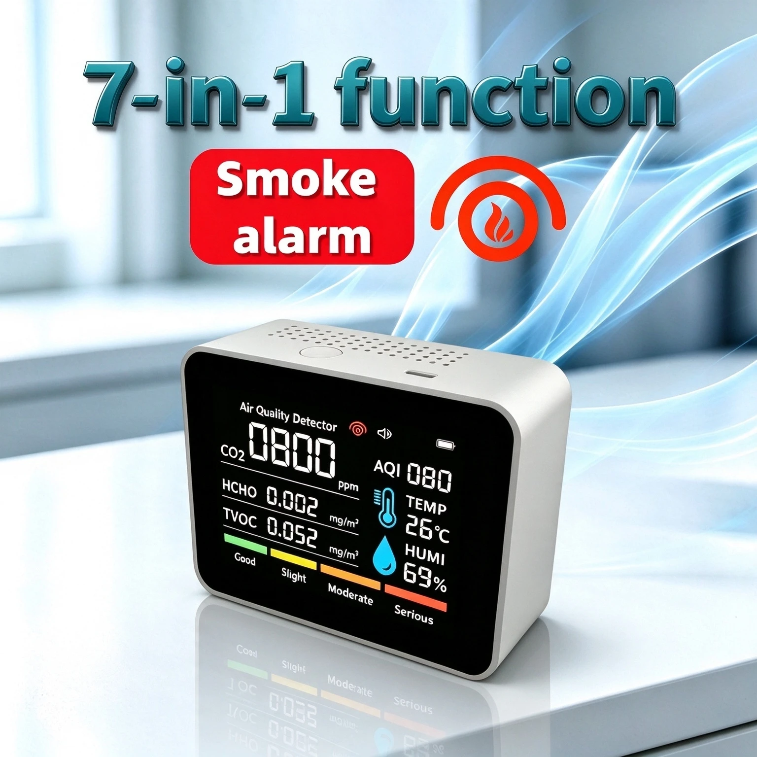 Seven-in-One Functional Air Quality Detector, Smoke Alarm, CO2、AIQ、Formaldehyde TVOC、Temperature and Humidity