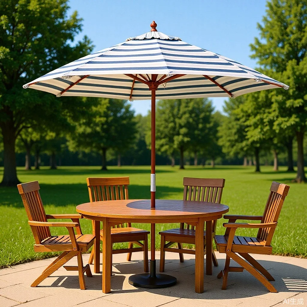 Black and white striped wooden bone mid-column umbrella, solid wood sunshade beach umbrella, outdoor garden table and chair