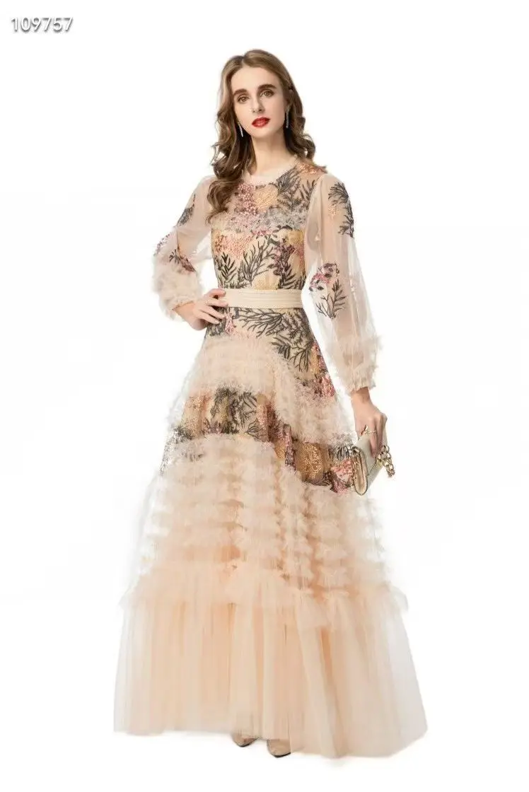 Primavera e autunno nuovo stile fata girocollo ricamo + bordo foglia di loto splicing manica lunga fiore fata serie abito da donna