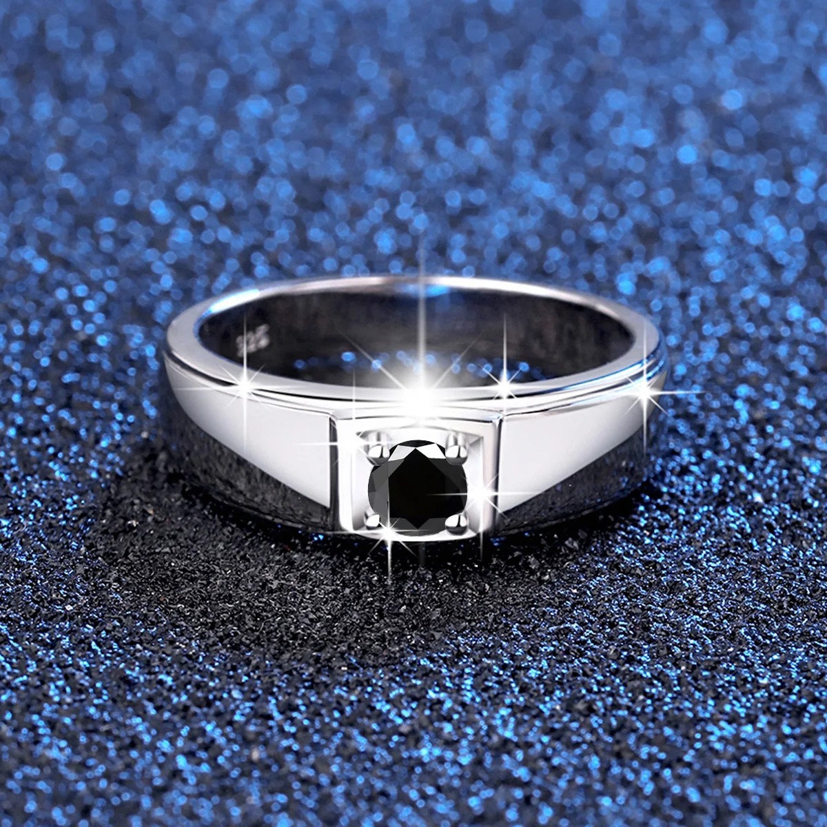 Hochwertiger zertifizierter runder schwarzer Moissanit-Ring für Herren mit Zertifikat, massives Silber 925, Hochzeitsschmuck, besteht den Test, Trend. – Detail 2