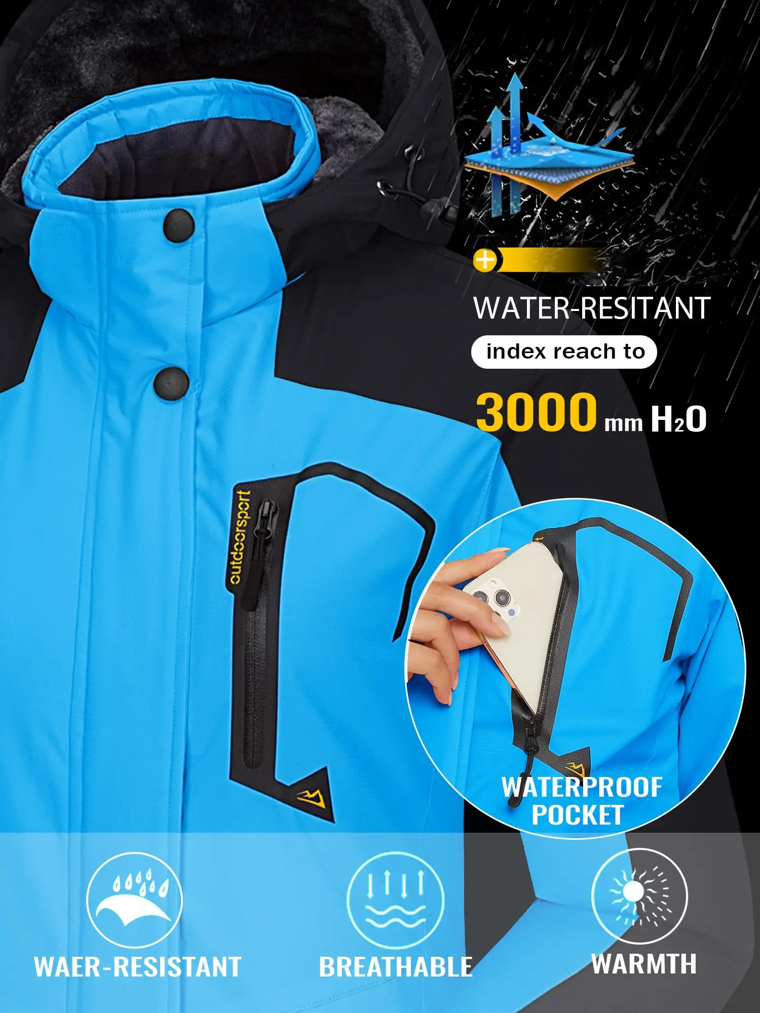 Damen Winter verdickte Jacke wasserdichte Skijacken Schneemantel warme Fleece-Regenjacke mit Kapuze Windjacke Wandern im Freien – Detail 9