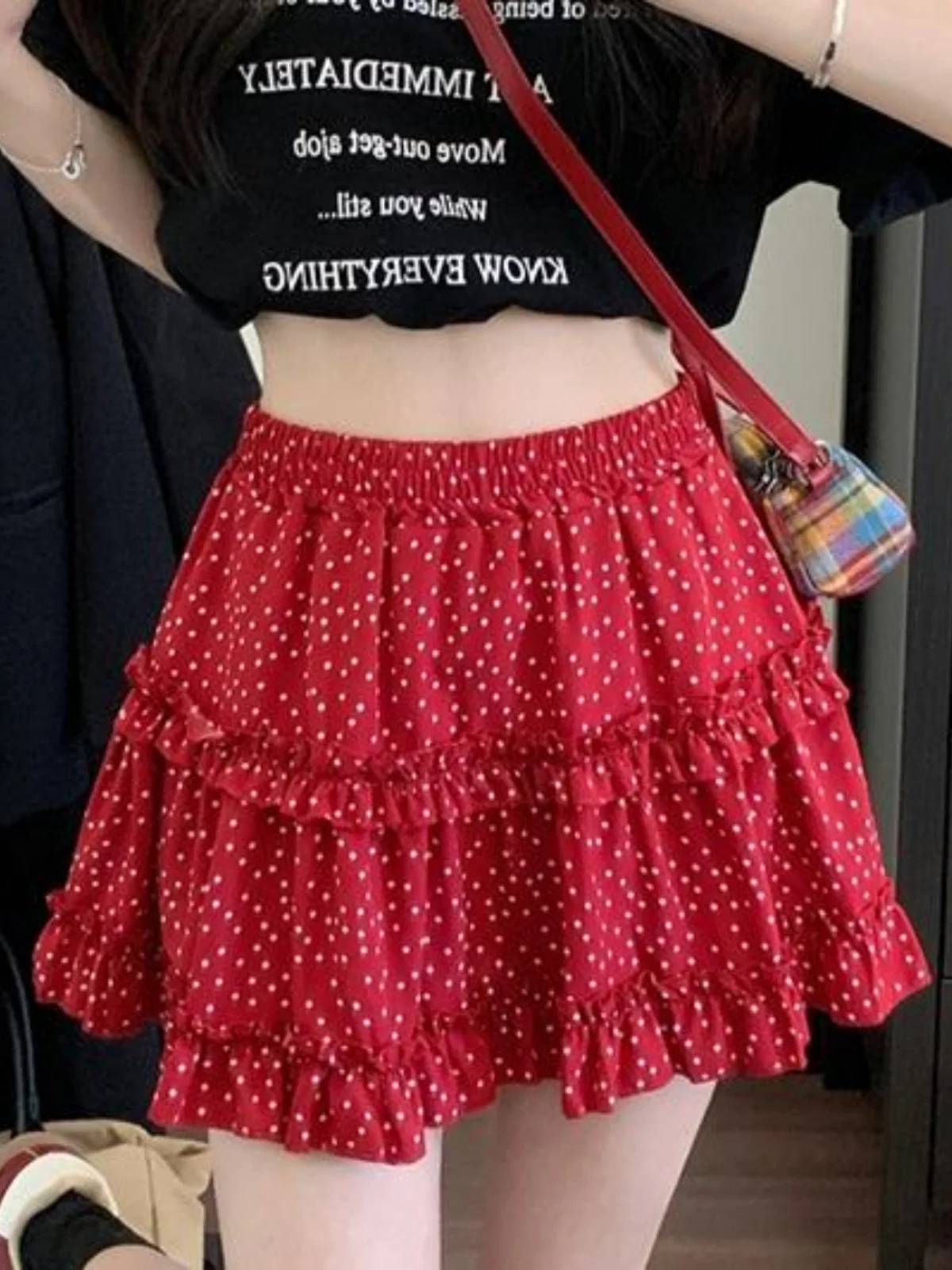

plus Size Women's Sweet Red Polka Dot Half Skirt High Waist Slimming Cake Style Short Skirt Spring New Korean Style Commute
