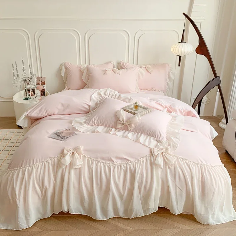 Korean style Princess lace bow bedding set pink sweet girl chiffon ruffles duvet cover bed sheet pillowcase wedding home textile