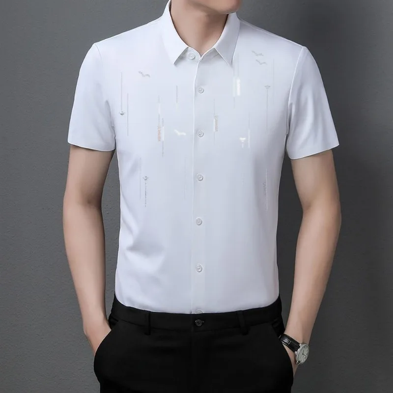 Summer Fashion New Ice Silk Men\'s T-shirt Short Sleeve Solid Turn-down Collar Striped Business Letter Button Casual Tops