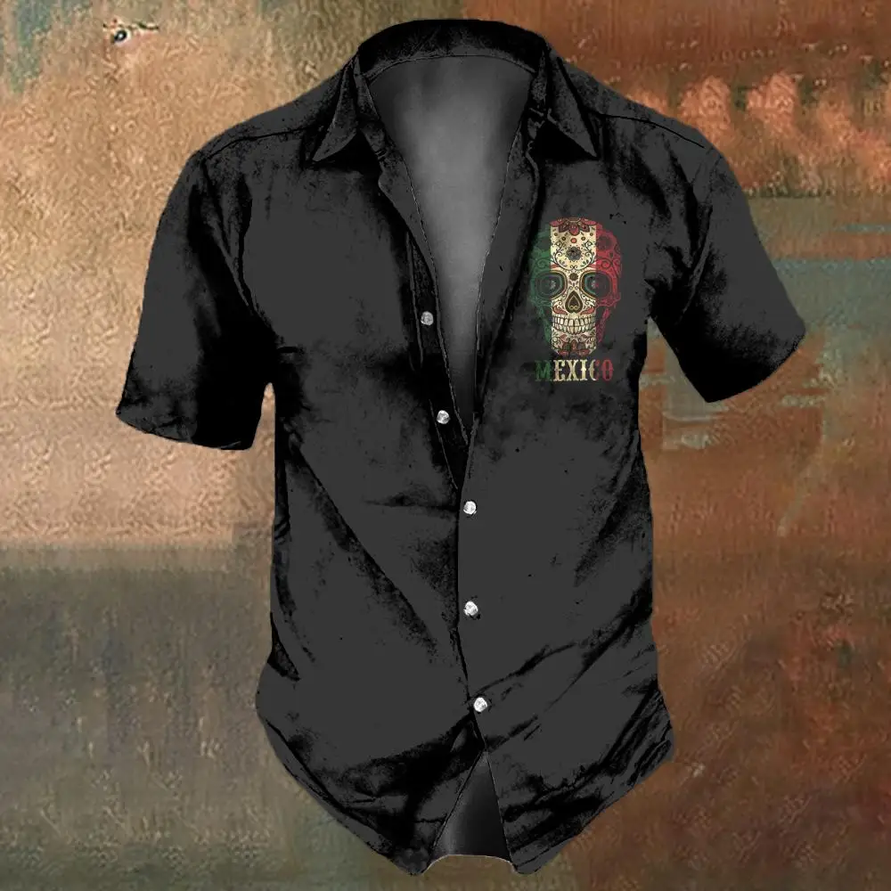 Men's Skull Shirts Casual Mexican Short Sleeve Shirt For Men 3d Black Printed Tees Men's Clothing Loose Oversized Lapel Shirt