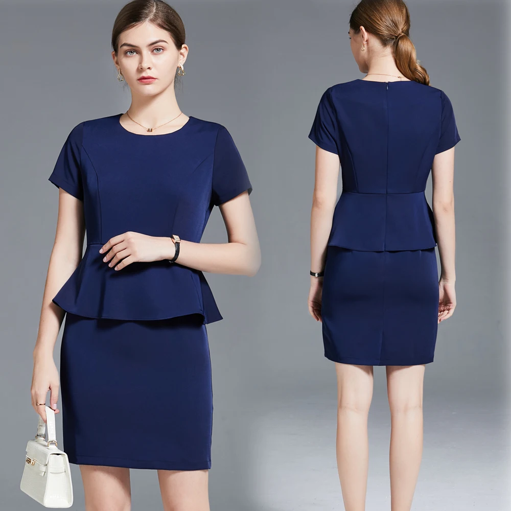 Quality Summer Korean Short Sleeve Office Pencil Skirt Women\'s Ruched Splicing Fake Two Piece Female Elegant navy blue Dresses