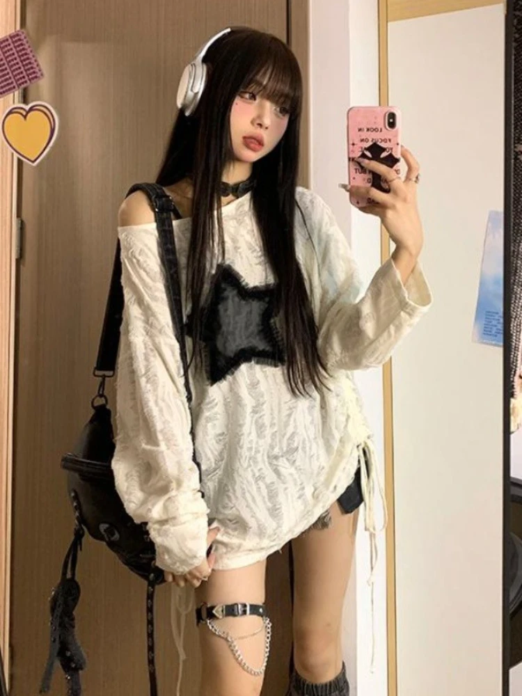 

American Vintage Blouse Long Sleeve Star Pattern Fold Pure Color Hollow Out Casual Lace-up Loose Off-shoulder Tops 2025 Autumn