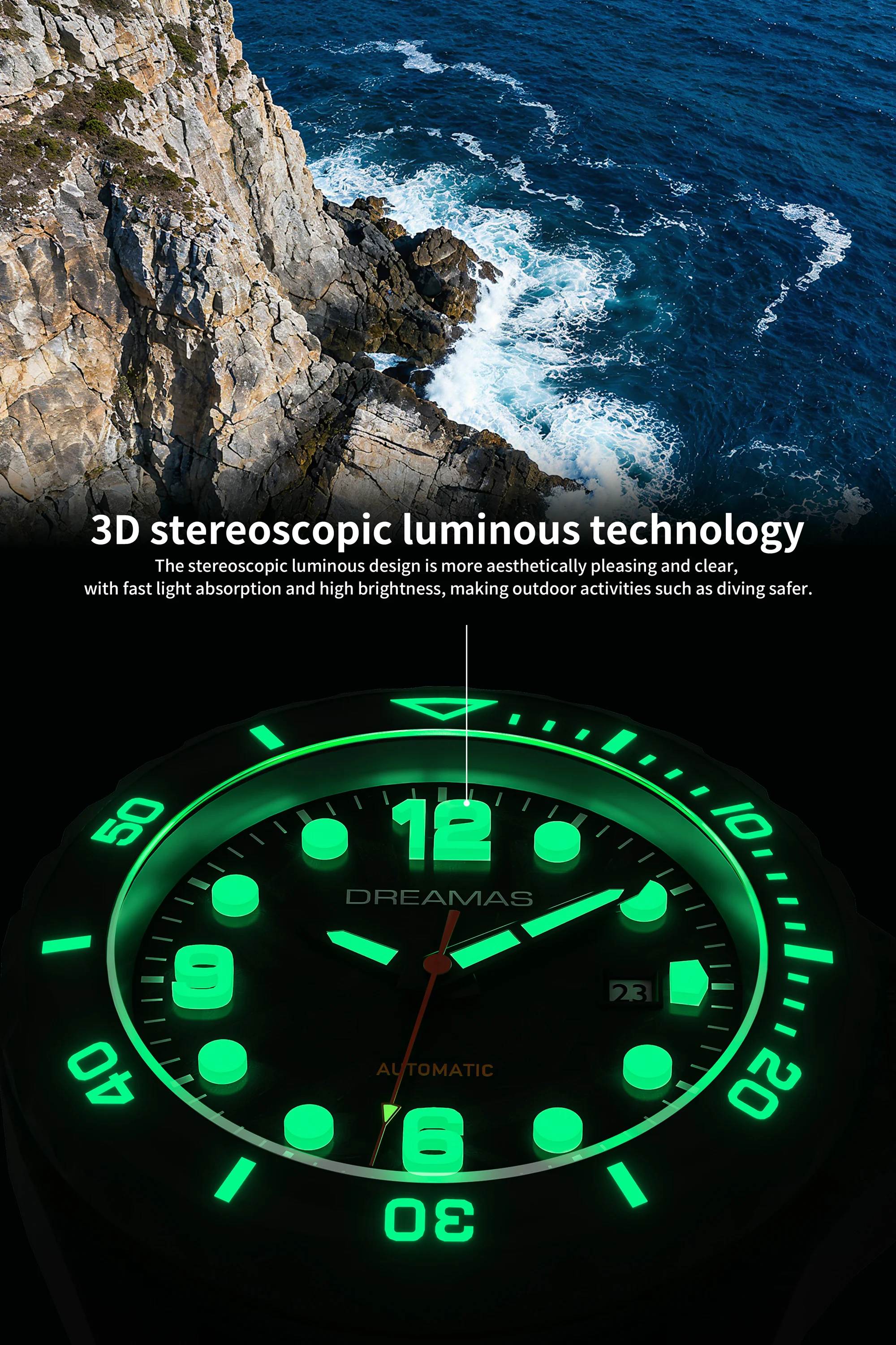 DREAMAS Herren-Taucheruhr aus Kohlefaser, automatische mechanische Taucheruhr, 500 m wasserdicht, Schweizer 3D-Leucht-Sport-Armbanduhr – Detail 14