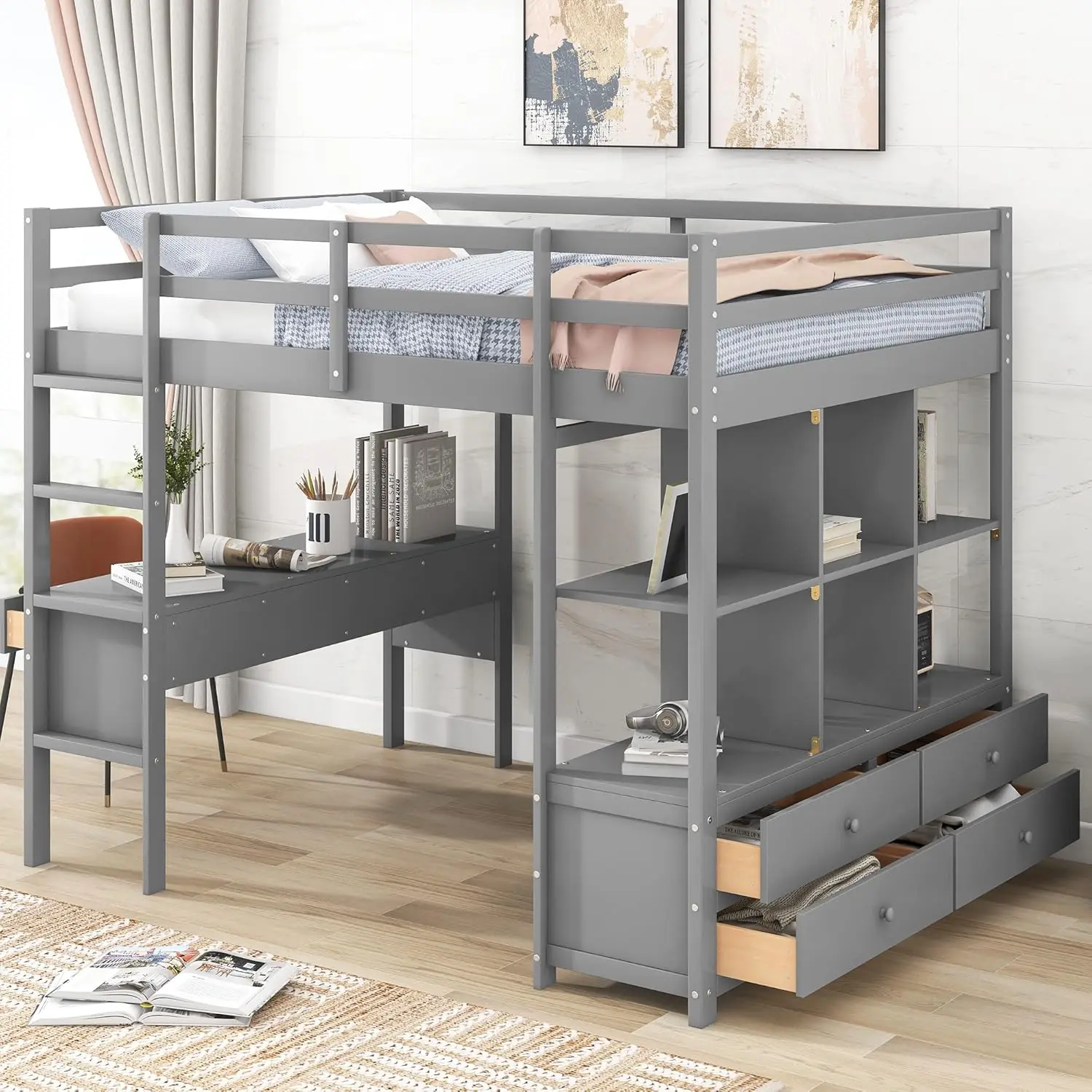 

Merax Loft Bed Full Size, Wood Full Loft Bed with Desk and 2 Drawers, Kids Loft Bed Frame with Storage Shelves and Drawers, Gray