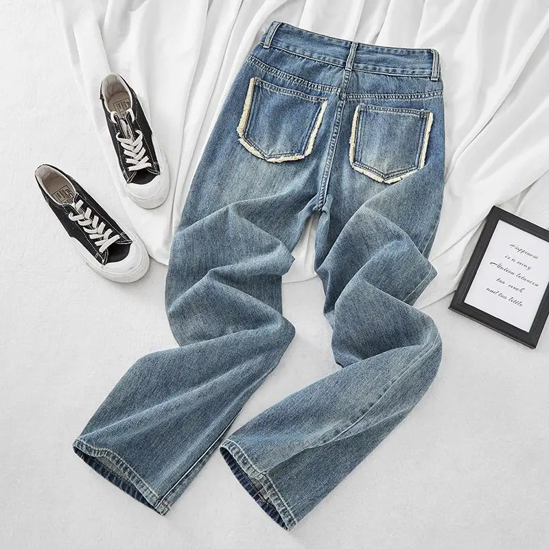 

Джинсы женские шикарные молодые джинсовые с высокой талией синие для отдыха ретро милые уличные длинные популярные Ins эстетические мягкие женские брюки