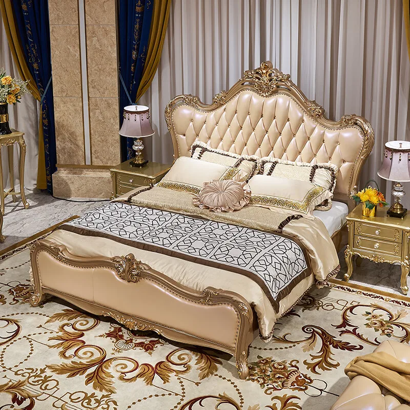 European Style Solid Wood Leather Wedding Bed 1.8 Meters Apartment Villa Oak Bedroom Furniture Luxury Royal Bed