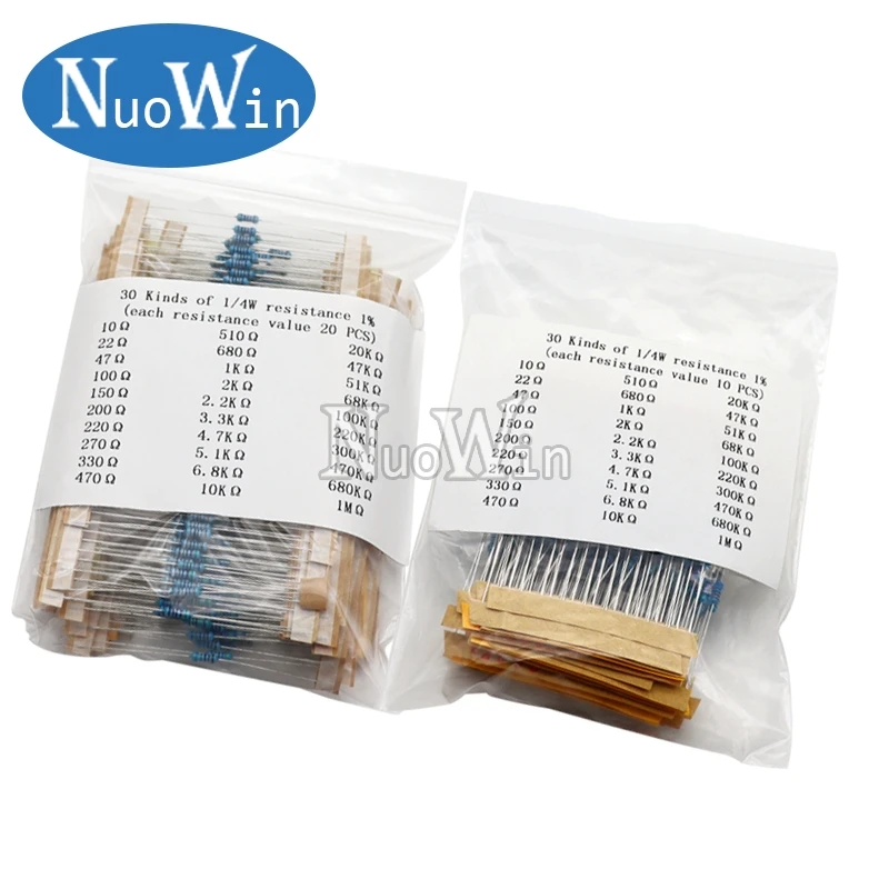 600pcs/Lot 300pcs/Lot 30 Values 1/4W Resistance 1% Metal Film Resistor Pack Assorted Kit 1K 10K 100K 1M 100 220 470 ohm