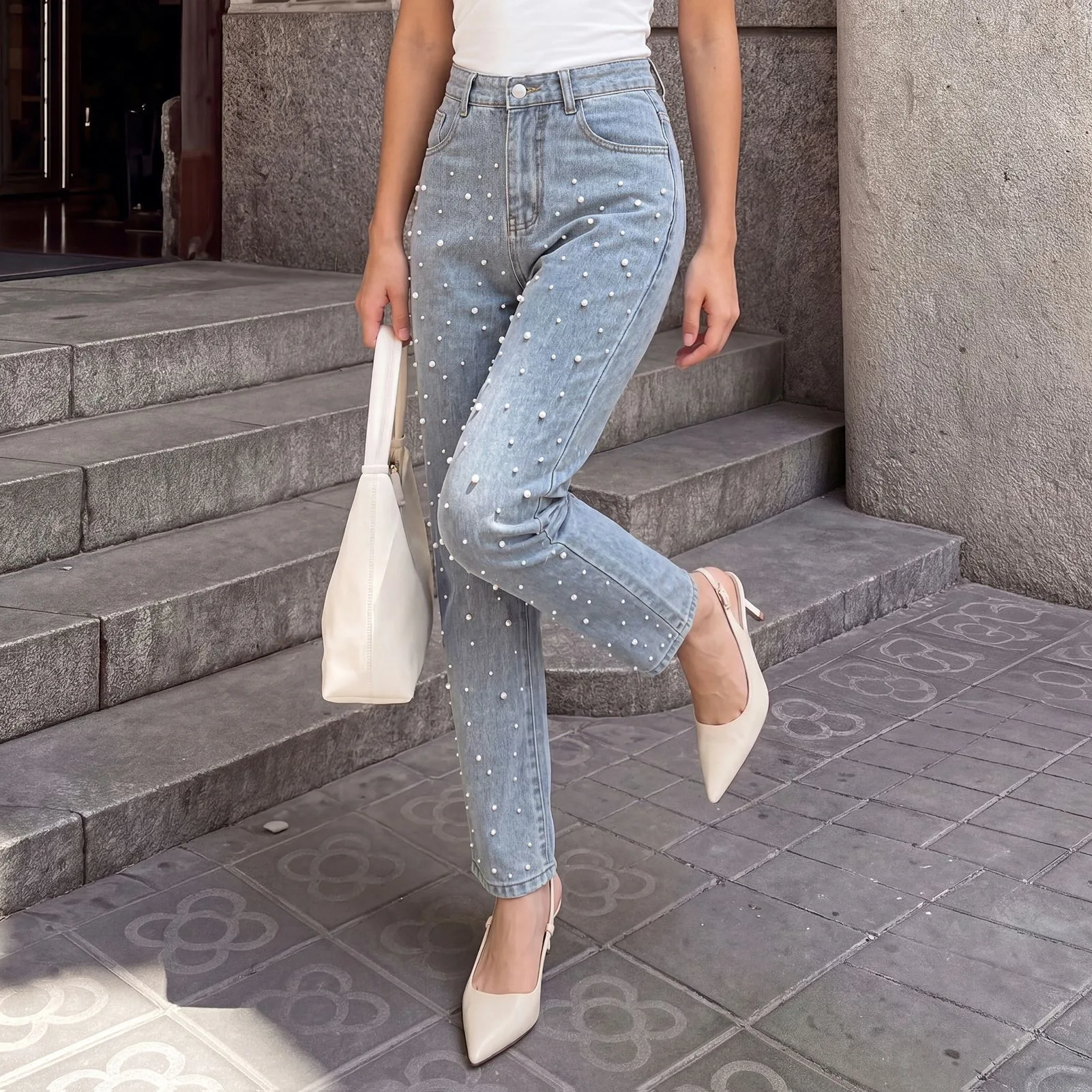 Women's Mid-Rise Slim Fit Cropped Pants Micro Flared Pearl Jeans Versatile Casual Style New Arrivals