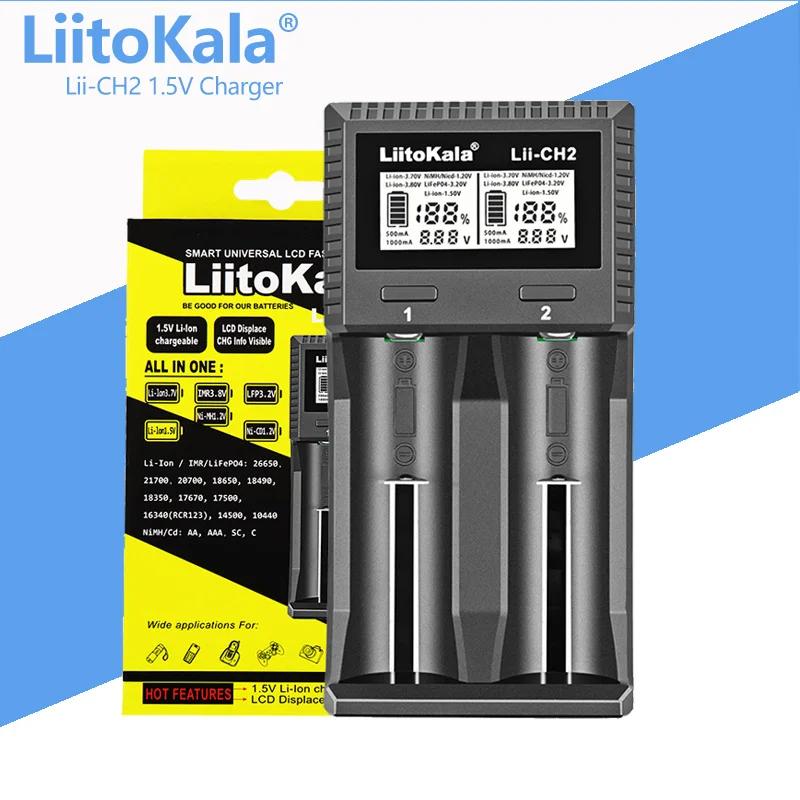 Cargador inteligente LiitoKala Lii-CH2 para baterías recargables de iones de litio de 1,5 V, tamaño AA. Función de parada automática. Diseño compacto.