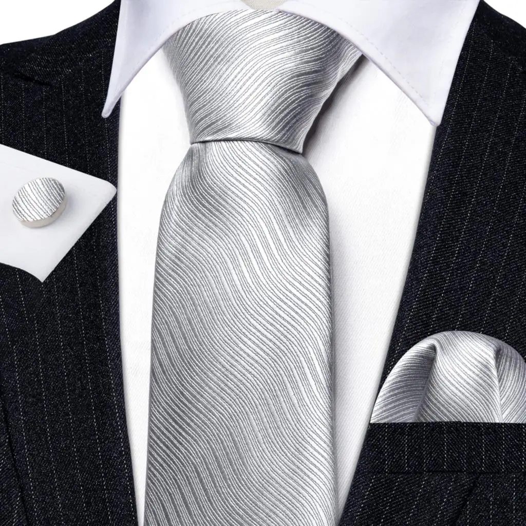 Ensemble de cravates pour hommes, boutons de manchette Erra Wang, gris, noir, argent, blanc, rayé, plaid, solide, cachemire floral, cou
