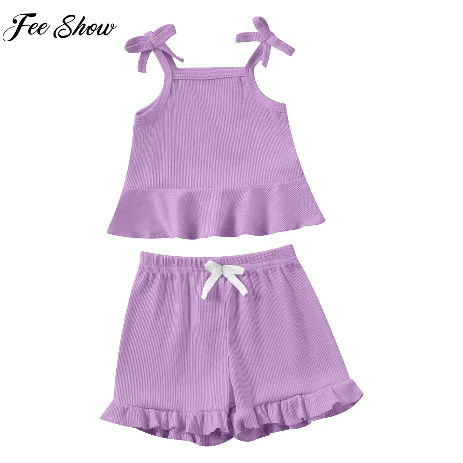 

Toddler Girls Summer Casual Cute Bowknot Spaghetti Strap Ruffle Tops with Shorts Set for Daily Beach Holiday Birthday Party