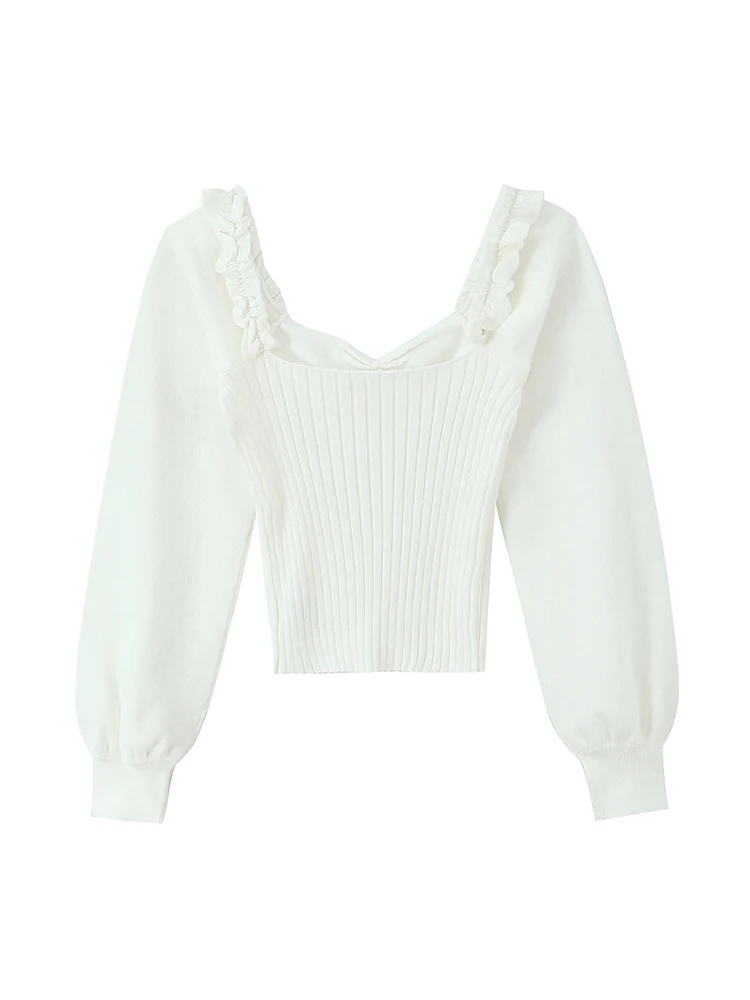 ملابس نسائية جديدة على الطراز الأوروبي، عصرية ومتعددة الاستخدامات، خط عنق مكشكش أنيق، سترة متماسكة مضلعة بخصر ربط.