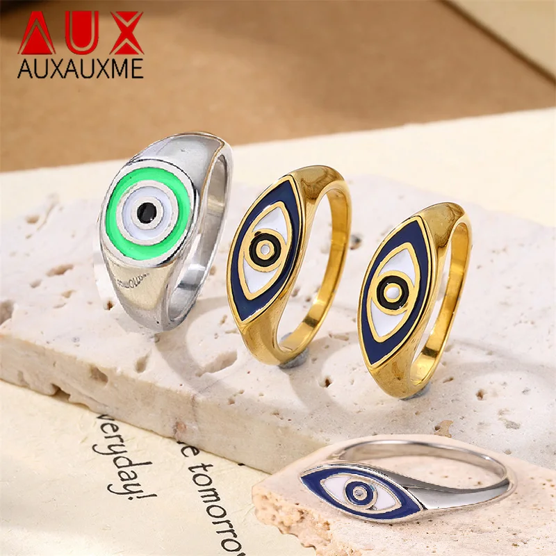 Auxauxme Vintage Blue Evil Eye Closed Rings Stainless steel for Men Women Hip Hop Fashion New Jewelry Couple Gift Party