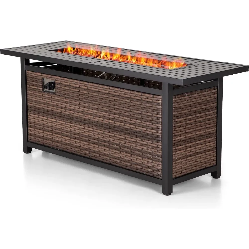 Gas Fire Pit Table 50000 BTU Large Long Rectangular Outdoor Propane Rattan Fire Pit Table Fireplace for Patio Garden Outdoor