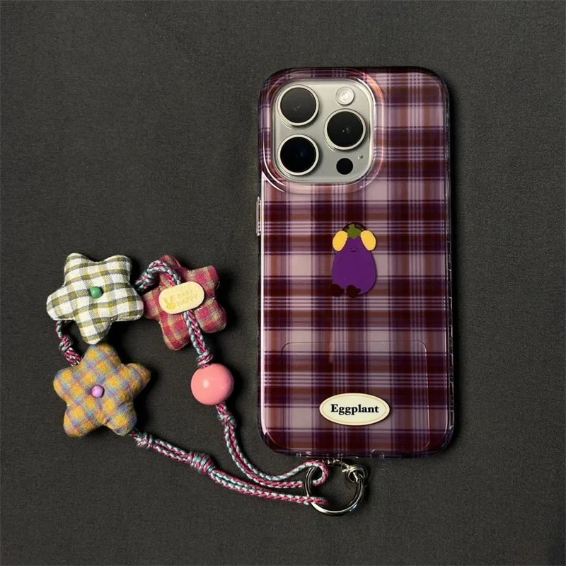 Grande buraco ind semi transparente xadrez música berinjela caso de telefone com estrela pendurado corda para iphone 11 12 13 14 15 16 pro max