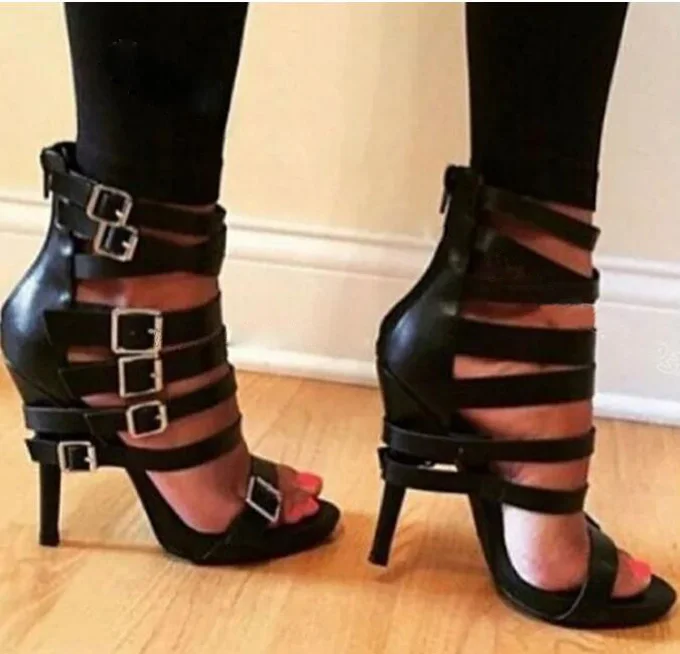 Unique Style Straps Cross Metal Buckles Fasten Thin Heel Gladiator Sandals Open Toe Red Black Stiletto Heels Summer Shoes