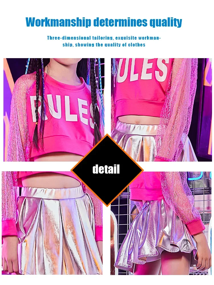 ZZL K-pop Outfits Urban Dance Children Clothes Hip-hop Girls Jazz Dance Holiday Performance Clothes 2 Pcs Pink Silver Color