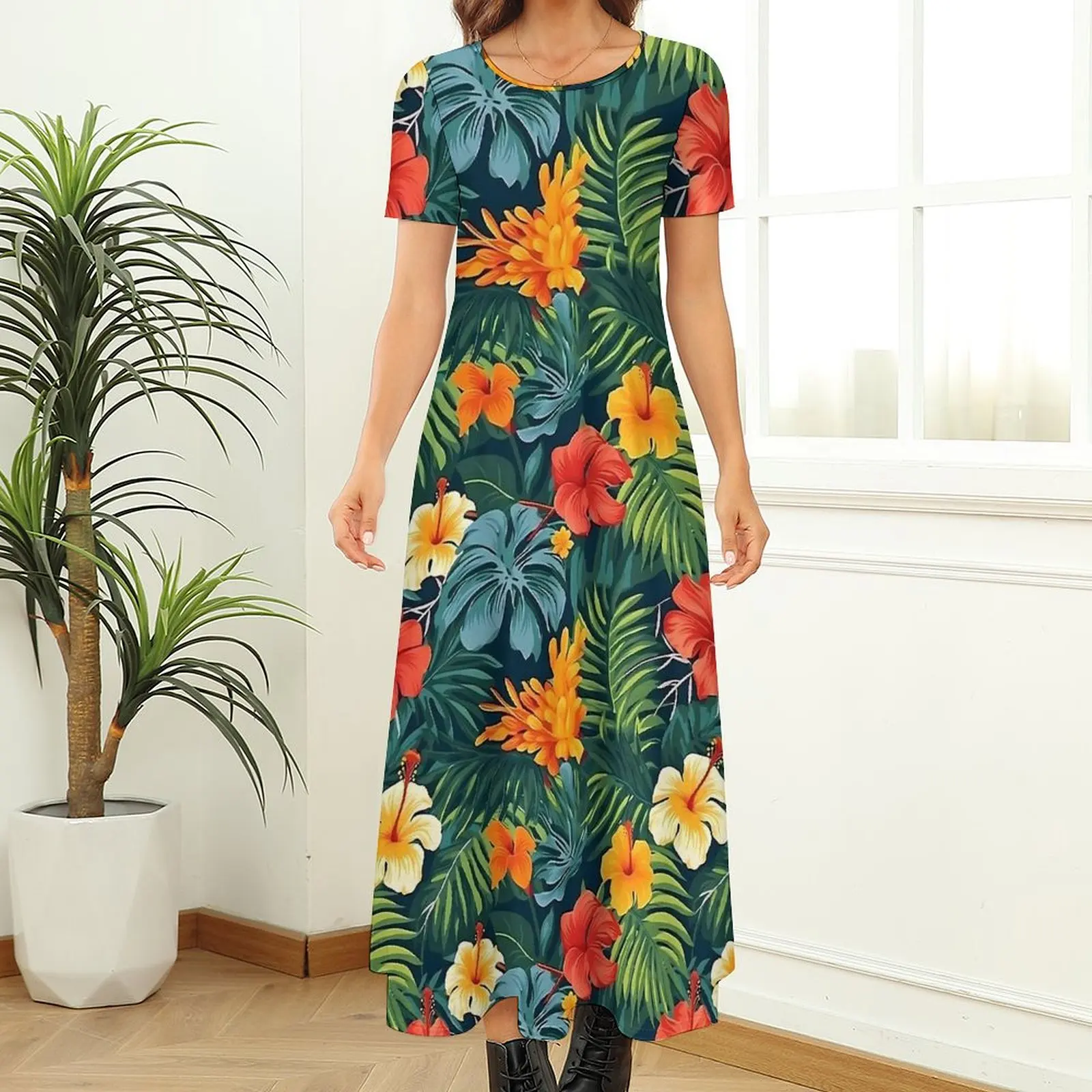 Vestido floral tropical arte floral vintage maxi vestido mulher manga curta street wear boho praia vestidos longos tamanho grande