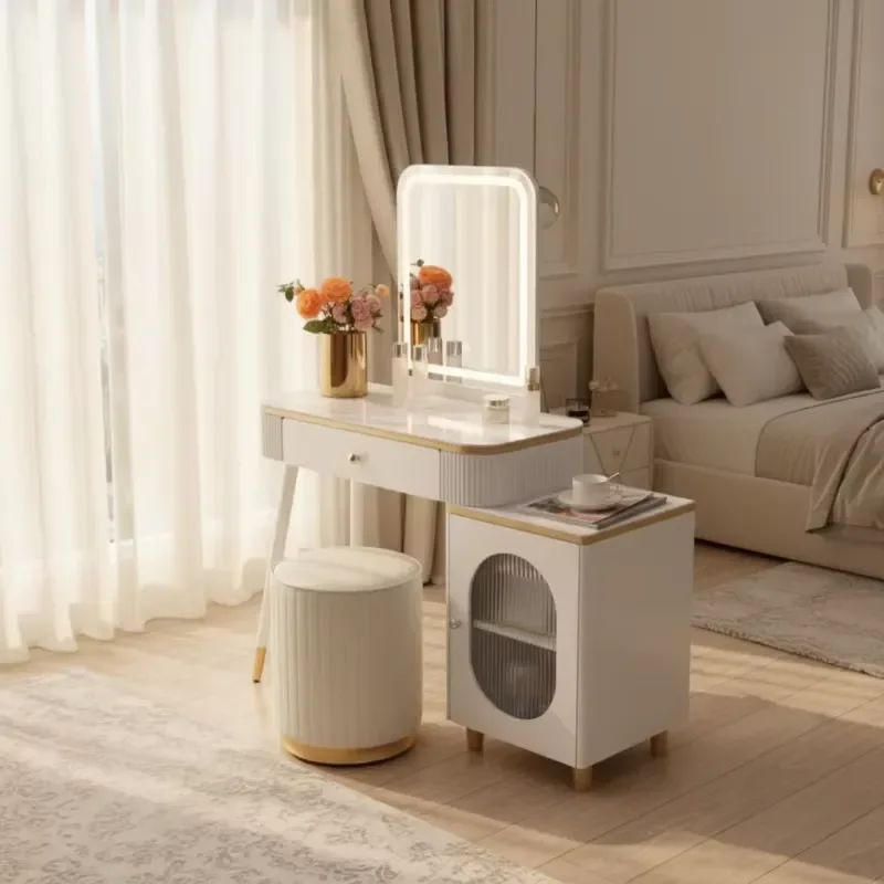 Wholesale White LED Vanity Desk Set Dressing Table with Side Cabinet CE Certificate for Bedroom Hotel