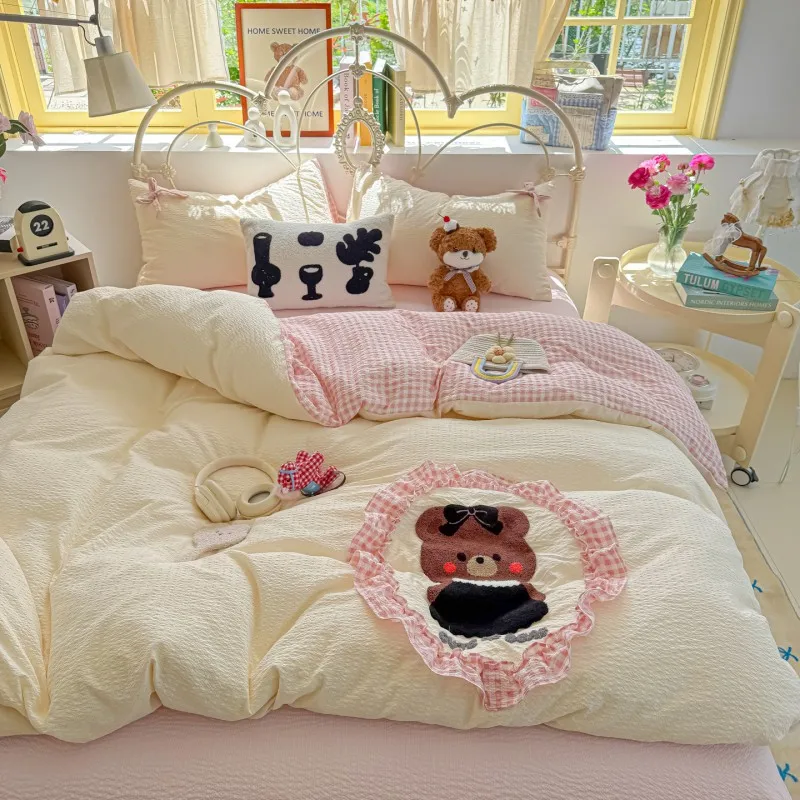 

3/4Pcs Bedding Set Cute Cartoon Bear In A Pink Checkered Pattern Kids Bedding Bed Accessories Duvet Set Complete Teen Bedrooms