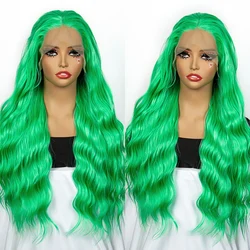 Body Wave Syntetyczne Włosy Koronkowe Przodu Peruki Zielone Długie Włosy Peruki Cosplay Dla Kobiet Żaroodporne 26-calowe Peruki Koronkowe