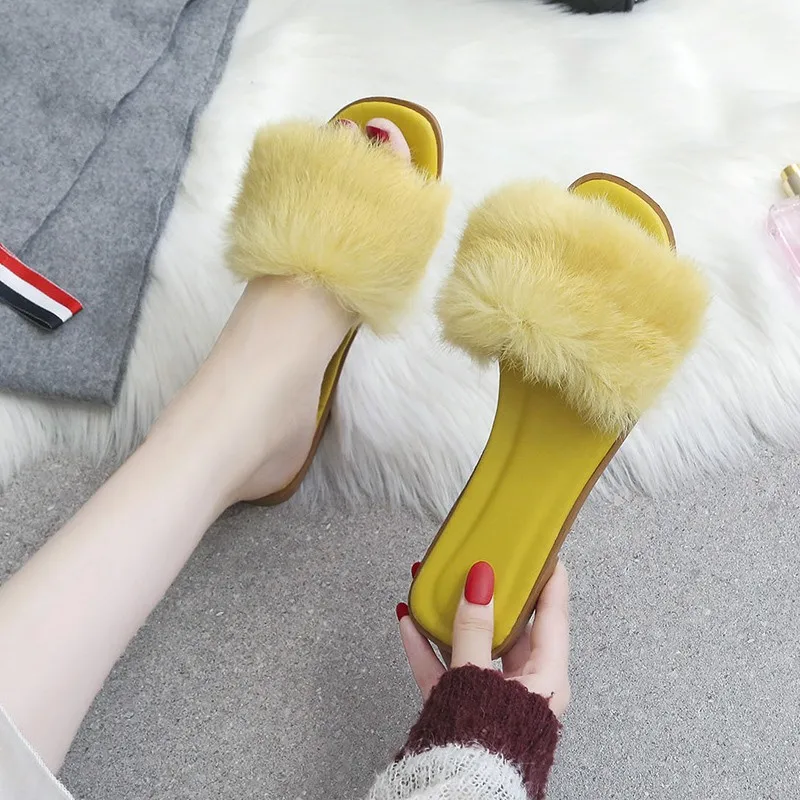 New Fashion Fur Women Slippers Shoes Fur Slippers Slides Female Furry Indoor Flip Flops Fluffy Plush Shoes Zapatos Mujer