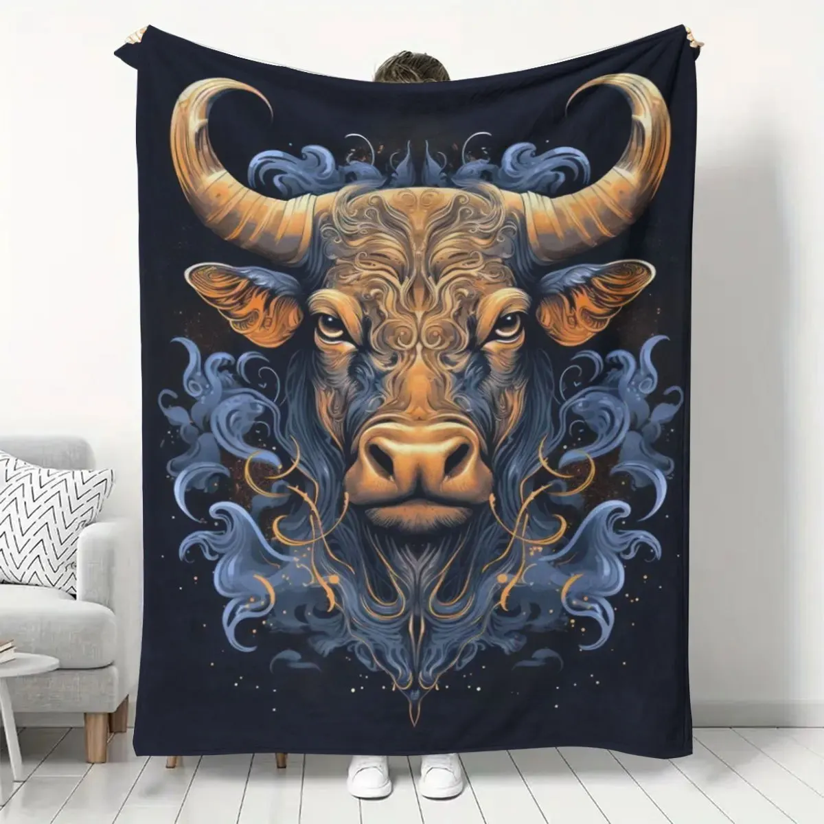 Noble Decorative Bull Head Dark Background Pattern Flannel Blanket Cozy Plush Bedspread Portable Travel Blanket for Bedroom
