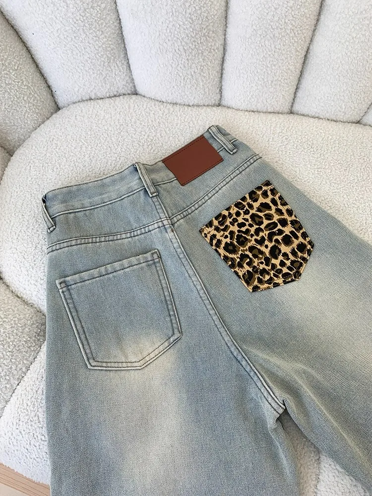 Fashion Leopard Print Pocket Design Thicken Jeans 2025 Autumn Winter Women's High Waist Straight Pants Trend Lady Denim Trousers