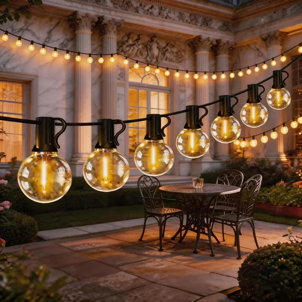 Solar & USB Type-C Rechargeable G40 Outdoor String Lights 8 Lighting Modes with Timer Waterproof Patio Garden Balcony Decor