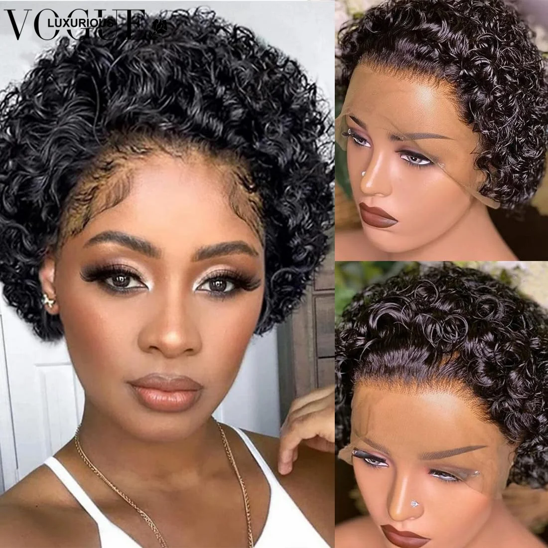 

Jerry Curly Pixie Cut Wig Human Hair 13x1 Lace Front Human Hair Wigs 180% Density Pre Plucked Bleached Knots Remy Human Hair WIg