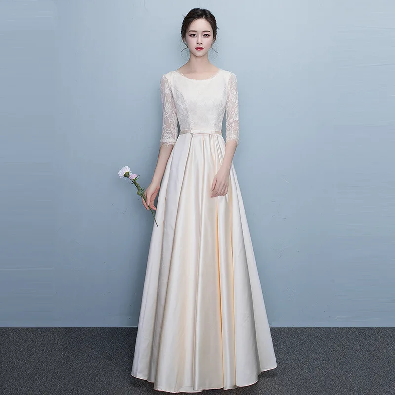 

Вечернее платье цвета шампань, длинное, элегантное, стройнящее, модное, для ведущих и подружек невесты, свадебное платье.