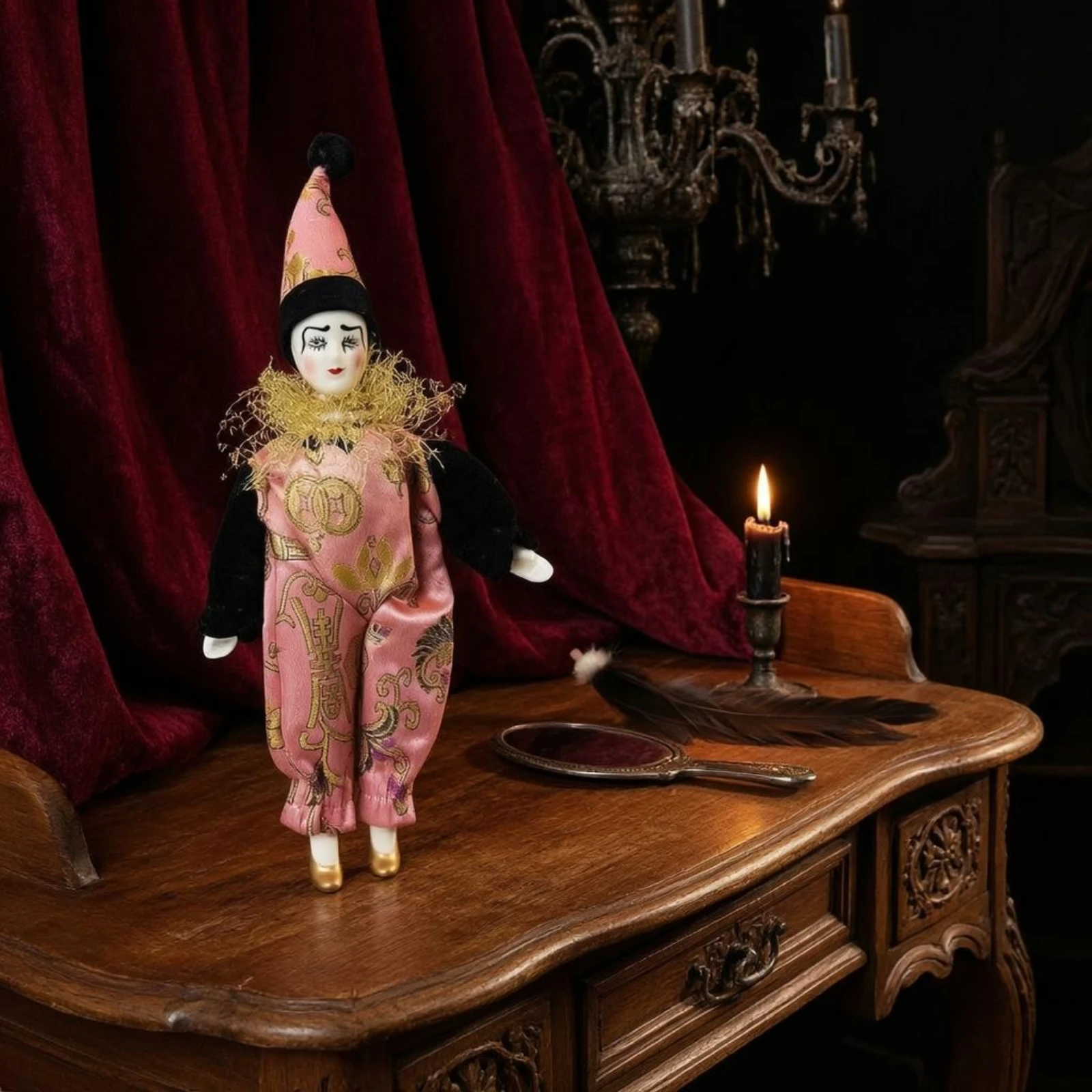 Stuffed Doll with Pointed Hat Gold Shoes Ornate Doll with Ruffled Collar view 3