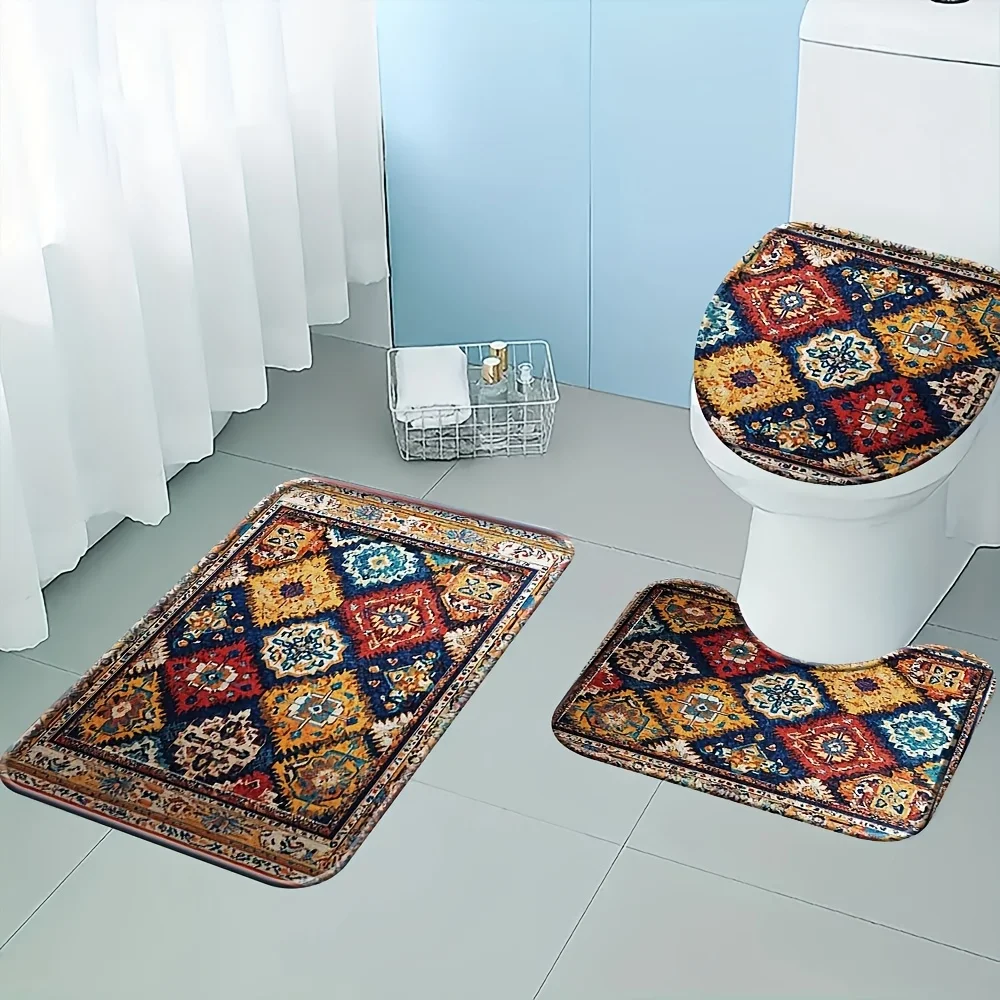 

Винтажный геометрический набор для ванной из трех предметов: коврик, чехол на крышку унитаза и U-образный коврик, мягкий фланелевый, нескользящий, для декора ванной комнаты