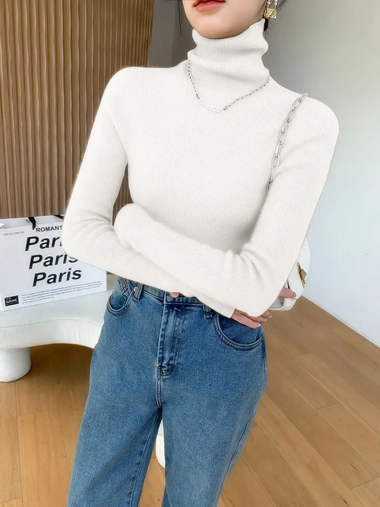 2024 Korean Style Turtleneck Long Sleeve Pullover Fashion Soft Warm Basic Sweater Women\'s Autumn Winter Slim Solid Knitwear Tops